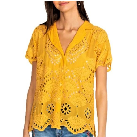 Johnny Was Tops - Johnny Was Embroidered Crochet Button-Up Blouse Sz-XL Peaceful Sunset